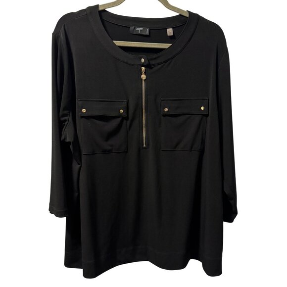 Tahari Woman Black 3/4 Sleeve Zip Front Top Sz 2X blouse - Picture 8 of 12